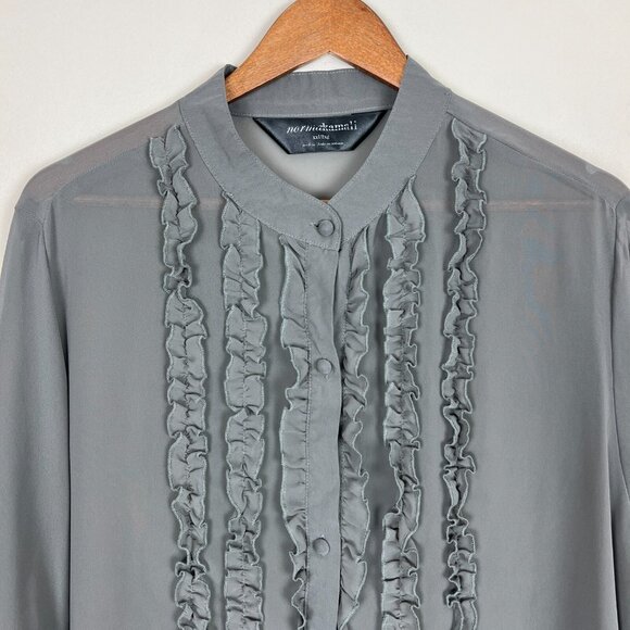 Norma Kamali Blouse Womens XXL Gray Sheer Button Down Ruffle Bib Whimsical - Picture 3 of 10